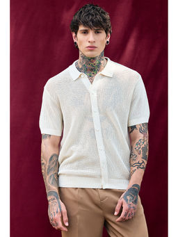 Snitch - Bordeaux White Solid Relaxed Fit Knitted Shirt
