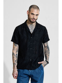 Snitch - Black Textured Half Sleeves Boxy Casual Shirt