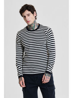 Snitch - Black Striped Full Sleeves Slim Casual T-Shirt