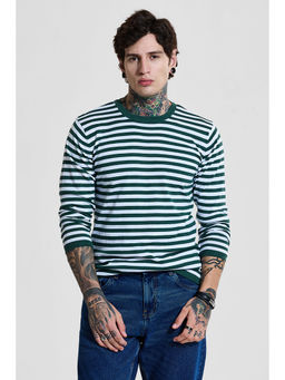Snitch - Green Striped Full Sleeves Slim Casual T-Shirt