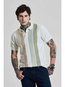 Snitch - Off White Vertical Stripes Half Sleeves Slim Casual T-Shirt