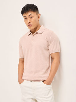The Bear House - Men's Regular Fit Pink Cotton Casual Polo T-Shirt