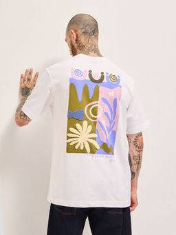 The Bear House - Men's Oversized White Under Sea Printed Cotton T-Shirt