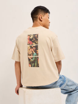 The Bear House - Men's Oversized Fit Beige Cotton Casual T-Shirt