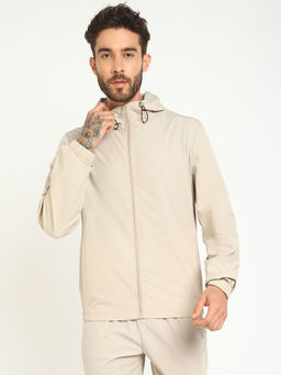 Guess - Men's Beige Polyamide Solid Regular Fit Hooded Neck Jacket