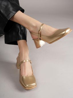Drop Bold - Gold Square Toe Mary Jane Block Sandal Heels for Women
