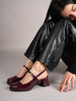 Drop Bold - Maroon Square Toe Mary Jane Block Sandal Heels for Women