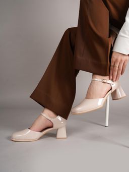 Drop Bold - Beige Square Toe Mary Jane Block Sandal Heels for Women