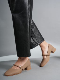 Drop Bold - Taupe Square Toe Mary Jane Block Heel Pumps for Women