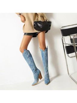 MISS MOSA BY AKANKSHA - Blue Denim Cowboy Block Heel Casual Boots