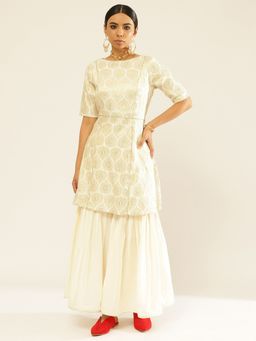 Abhishti - Banarasi Kurta with Contrasting Details Paired with Sharara White (Set of 2)