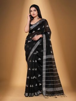 Beatitude - Black Blended Cotton Woven Saree with Unstitched Blouse