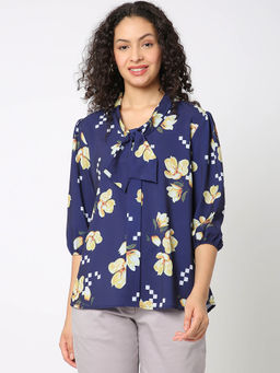 Not So Pink - Purple Printed Satin Top with Tie Knot Detailing on the Neck