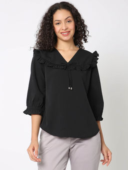 Not So Pink - Solid Black Three Fourth Sleeves Top with Detailing
