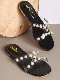 Aroom - Black Stylish Transparent Pearl Embellished Flats