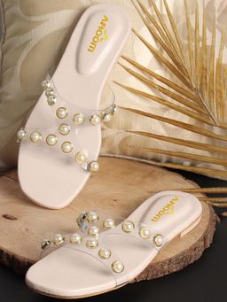 Aroom - Cream Stylish Transparent Pearl Embellished Flats
