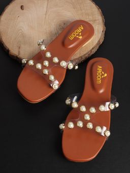 Aroom - Tan Stylish Transparent Pearl Embellished Flats