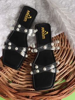 Aroom - Black Trendy Transparent Pearl Embellished Flats