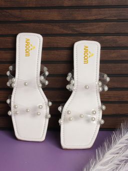 Aroom - White Trendy Transparent Pearl Embellished Flats