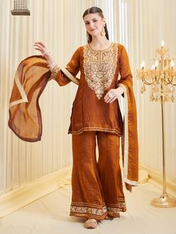 Colors Of Earth - Rust Embroidered Silk Kurti and Palazzo with Dupatta
