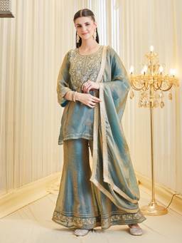 Colors Of Earth - Blue Embroidered Silk Kurti and Palazzo with Dupatta