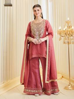 Colors Of Earth - Pink Embroidered Silk Kurti and Palazzo with Dupatta