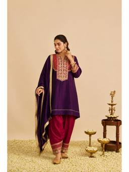 Colors Of Earth - Orange Embroidered Silk Kurti and Farsi Salwar with Dupatta