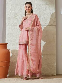 MOKOSH - Rose Pink Embroidered Silk Kurti and Sharara with Dupatta