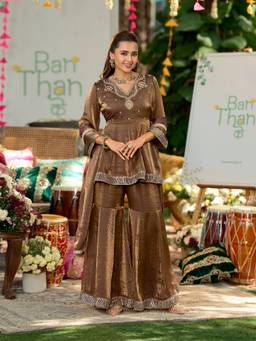 MOKOSH - Chocolate Brown Embroidered Silk Kurti and Sharara with Dupatta