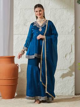 MOKOSH - Blue Embroidered Silk Kurti and Sharara with Dupatta