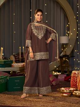 MOKOSH - Coffee Brown Embroidered Silk Kurti and Palazzo with Dupatta