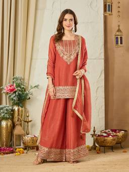 MOKOSH - Orange Embroidered Silk Kurti and Palazzo with Dupatta