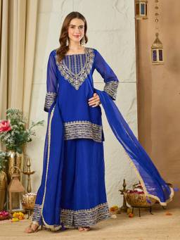 MOKOSH - Neon Blue Embroidered Silk Kurti and Palazzo with Dupatta