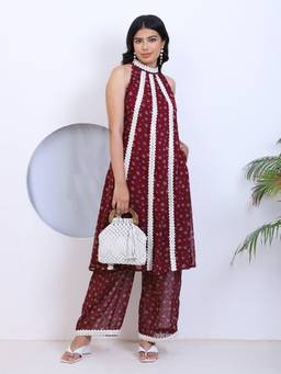 Deebaco - Wine Georgette Floral Kurti and Palazzo