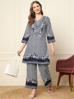 Deebaco - Blue Rayon Stripes Kurta and Palazzo