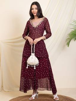 Deebaco - Wine Georgette Embroidered Kurti and Bustier with Palazzo