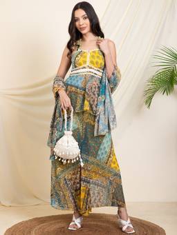 Deebaco - Multi-Color Chiffon Paisley Tunic and Sharara with Dupatta
