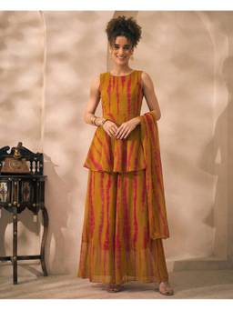 Deebaco - Multi-Color Chiffon Tie & Dye Kurti and Palazzo with Dupatta