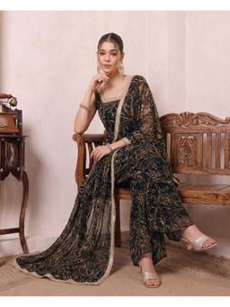 Deebaco - Black Chiffon Abstract Kurti and Palazzo with Dupatta