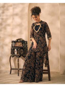 Deebaco - Black Chiffon Abstract Kurti and Palazzo with Dupatta