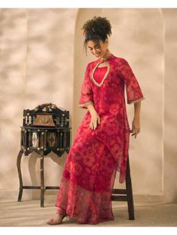 Deebaco - Magenta Chiffon Floral Tunic and Bustier with Palazzo