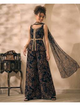 Deebaco - Black Chiffon Abstract Tunic and Palazzo with Dupatta