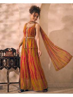 Deebaco - Multi-Color Chiffon Tie & Dye Tunic and Palazzo with Dupatta