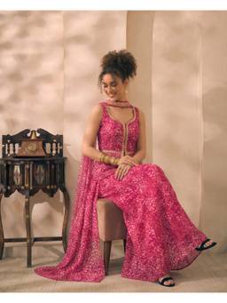Deebaco - Magenta Chiffon Floral Tunic and Palazzo with Dupatta