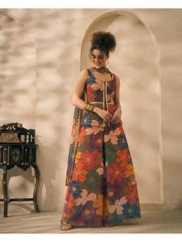 Deebaco - Multi-Color Chiffon Floral Tunic and Palazzo with Dupatta