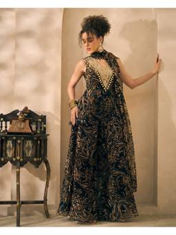 Deebaco - Black Chiffon Abstract Tunic and Palazzo with Dupatta