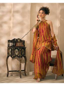 Deebaco - Multi-Color Chiffon Tie & Dye Kurti and Palazzo with Dupatta