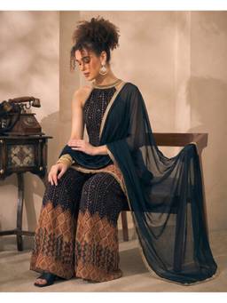 Deebaco - Black Chiffon Printed Kurti and Palazzo with Dupatta