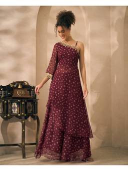 Deebaco - Wine Georgette Floral Kurta and Palazzo