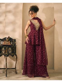 Deebaco - Wine Georgette Floral Tunic and Palazzo with Dupatta